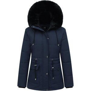 👑Women Navy Warm Winter Puffer Coat Fleece Jacket Faux Fur Detachable Hood